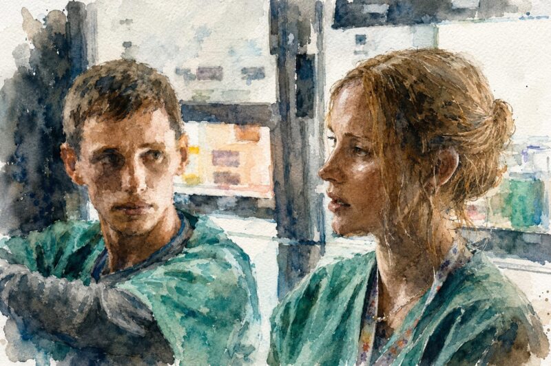 映画「グッド・ナース」の看護師エイミーとチャーリーをイメージした水彩画風イラスト