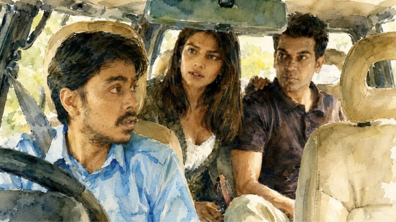 ザ・ホワイトタイガー（2021）｜富裕層の夫婦を乗せて車を運転する主人公バルラムを描いた水彩画風イメージ