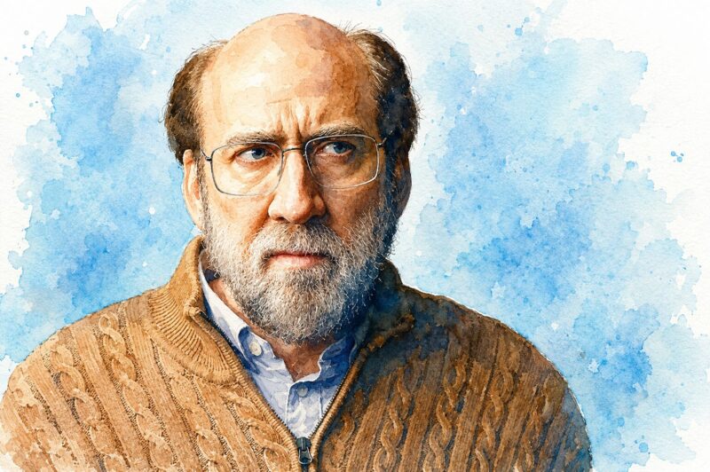 映画『ドリーム・シナリオ』（2023）の主人公を描いた水彩画風イメージイラスト