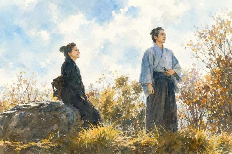 映画「雪の花 ―ともに在りて―」の松坂桃李と芳根京子をイメージした水彩画風イラスト