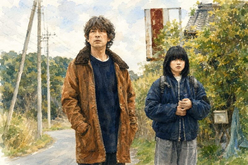 ドラマ「誰かがこの町で」田舎道に立つ男女を描いた水彩画風イラスト